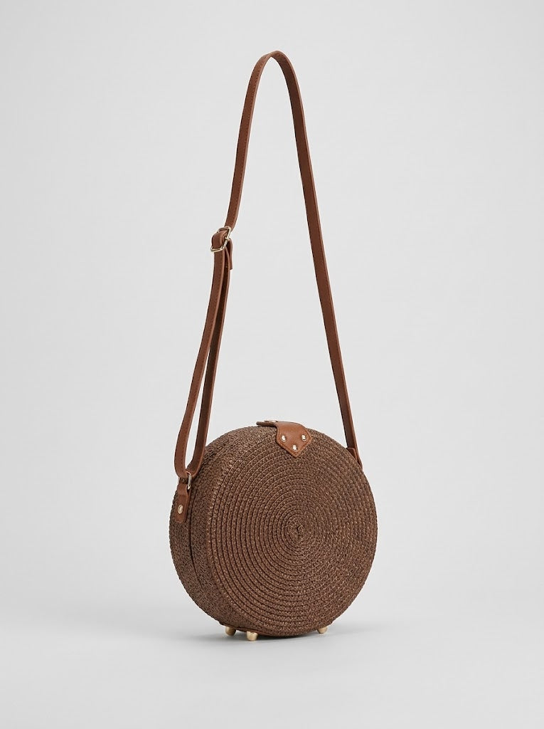 Women’s Woven Straw Crossbody Bag – Round Summer Shoulder Purse with Adjustable Long Strap
