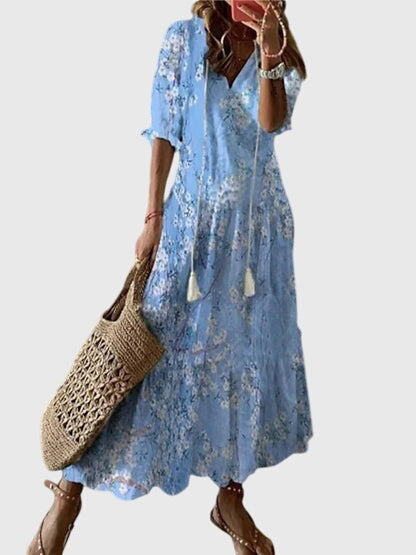 Women’s Printed Boho Maxi Dress – Relaxed V-Neck Summer Style for Holidays and Casual Occasions