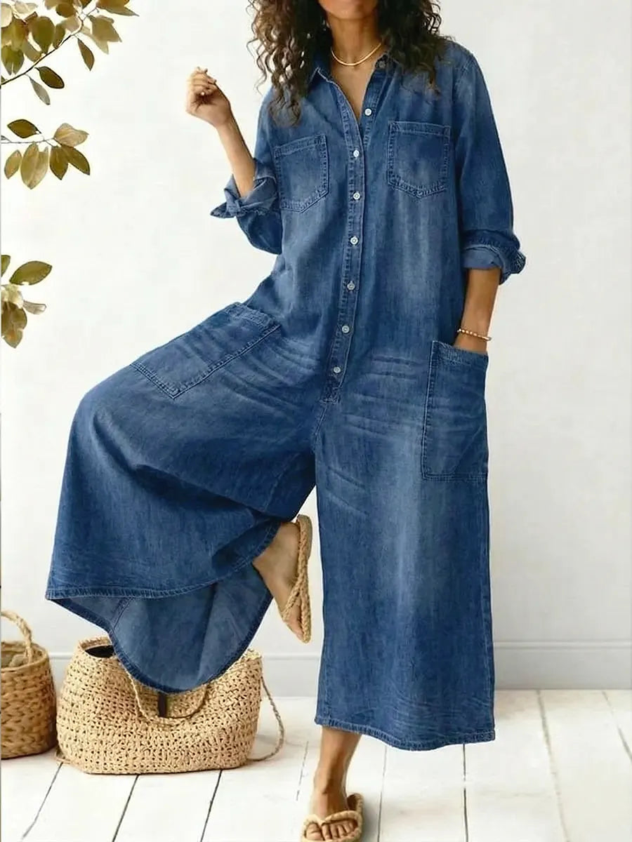 Women’s Wide Leg Denim Jumpsuit Button Front Casual Overall