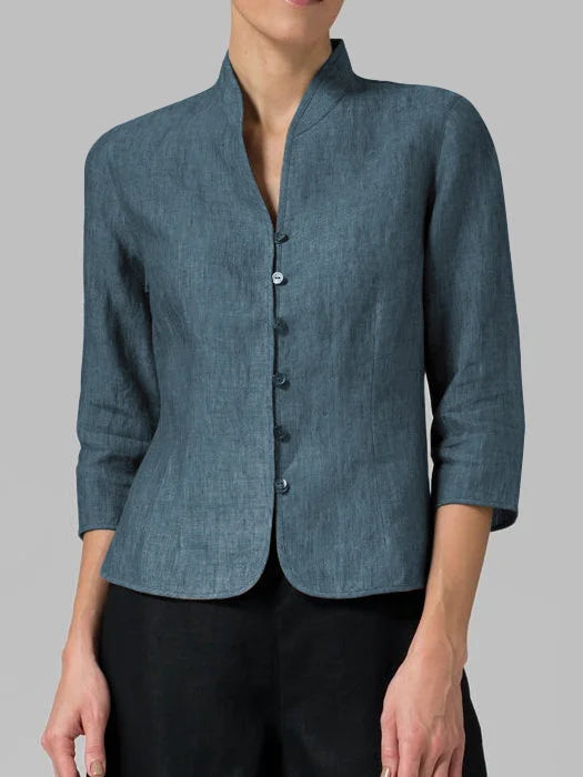 Women’s Stand-Collar Chambray Blouse – Tailored Three-Quarter Sleeve Style for Work and Smart Casual Wear