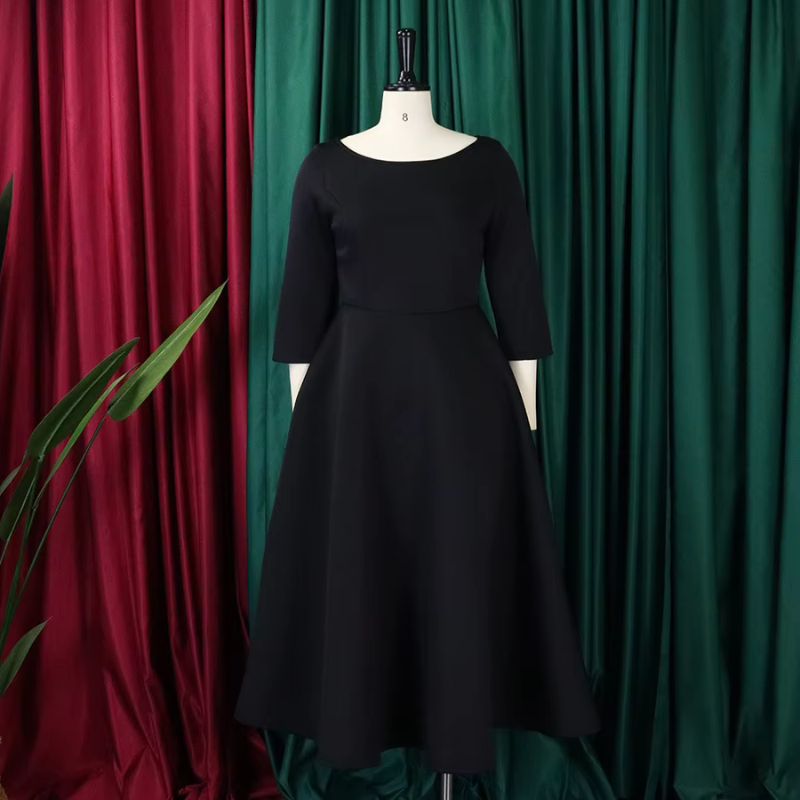 Women’s A-Line Midi Dress – Three-Quarter Sleeve Dress for Events and Everyday Wear
