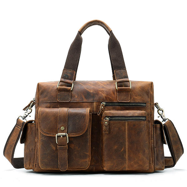 Men’s Vintage Leather Briefcase – Multi-Pocket Business Handbag with Detachable Shoulder Strap