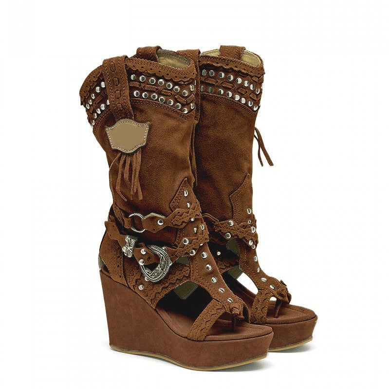 Women’s Western Knee-High Wedge Boots – Studded Cut-Out Open-Toe Cowboy Boots with Platform Heel for Festivals and Statement Wear