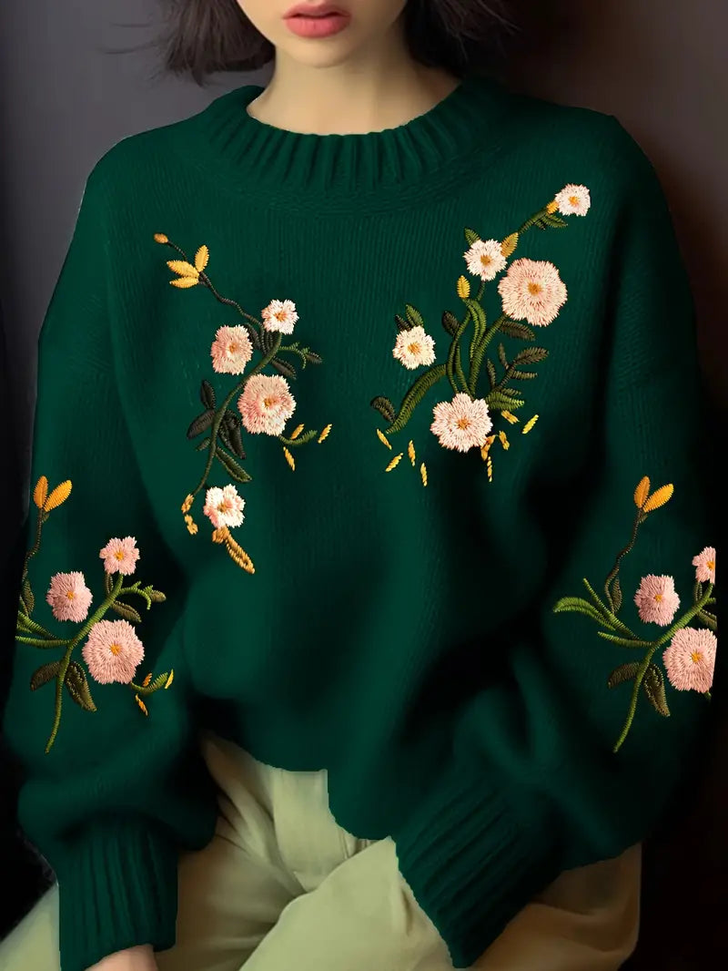 Women’s Embroidered Crew-Neck Knitted Sweater – Warm Relaxed Long-Sleeve Layer for Casual Everyday Wear Smart Autumn Outfits and Winter Seasonal Styling