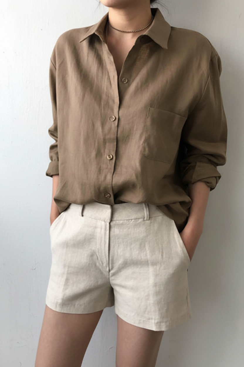 Women’s Relaxed Linen Button-Up Shirt – Breathable Long-Sleeve Style for Work and Leisure