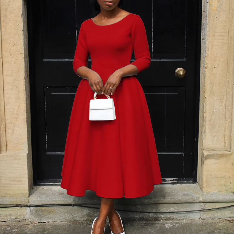 Women’s A-Line Midi Dress – Three-Quarter Sleeve Dress for Events and Everyday Wear