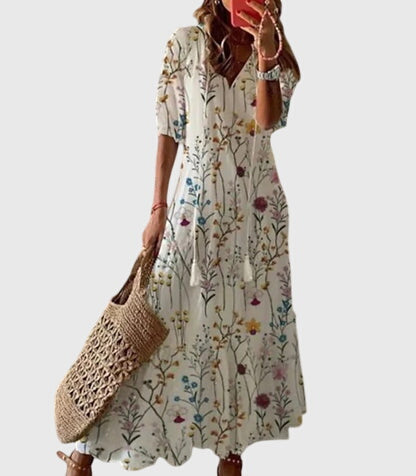 Women’s Printed Boho Maxi Dress – Relaxed V-Neck Summer Style for Holidays and Casual Occasions