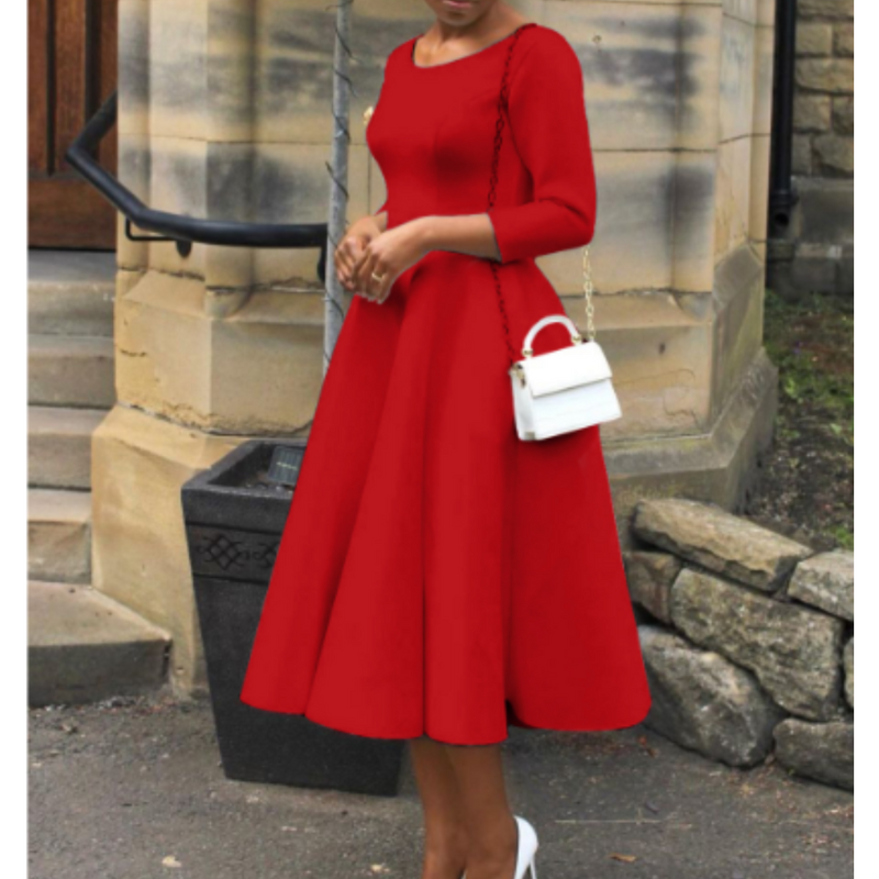 Women’s A-Line Midi Dress – Three-Quarter Sleeve Dress for Events and Everyday Wear