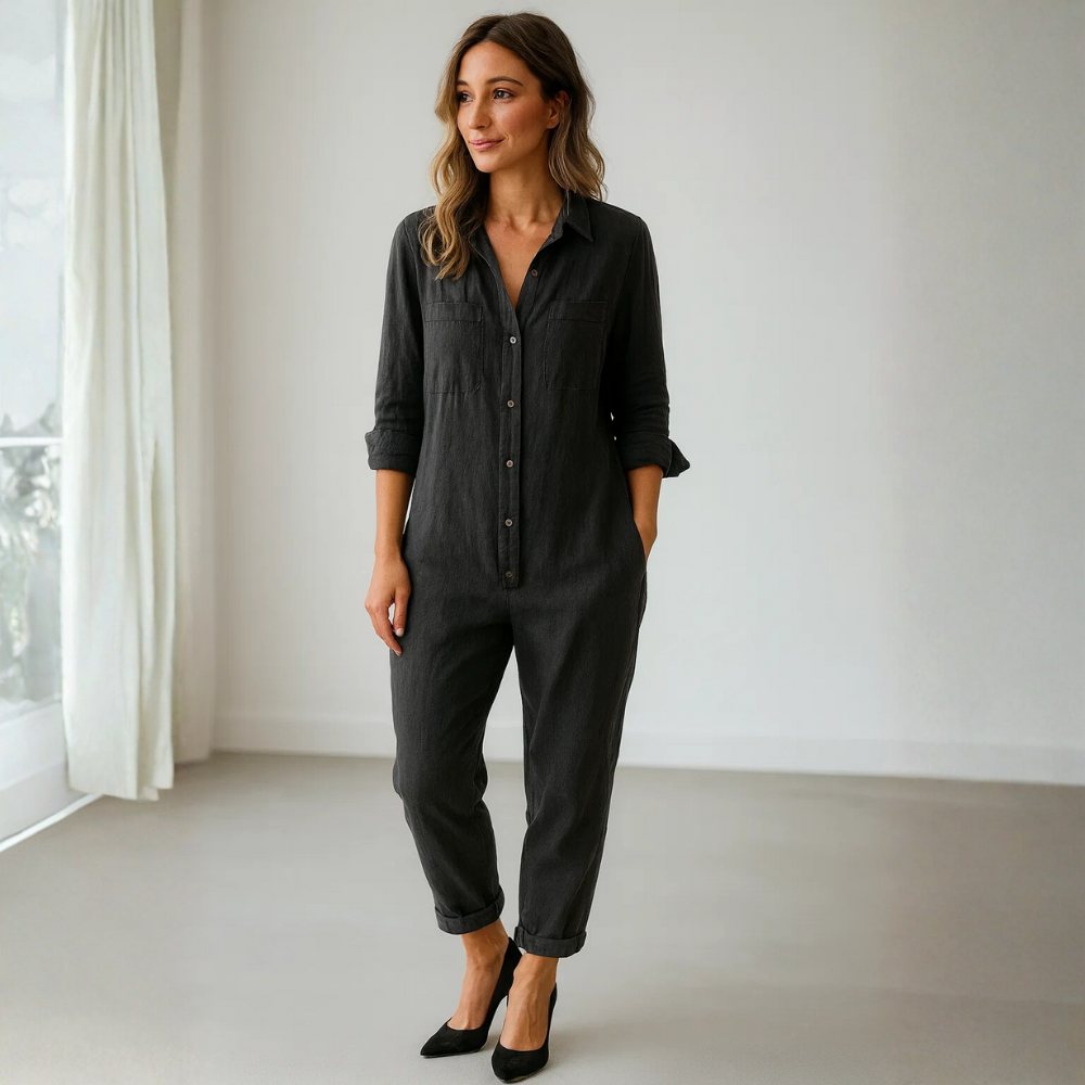 Women’s Button-Front Utility Jumpsuit – Relaxed Long-Sleeve One-Piece with Pockets for Casual Everyday and Travel Wear