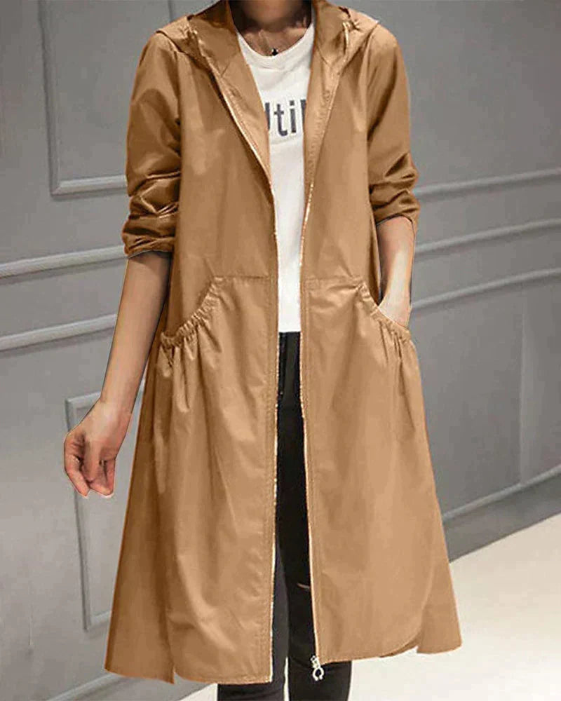 Women’s Hooded Long Raincoat – Lightweight Water-Repellent Coat for Travel Walking and Everyday Transitional Wear
