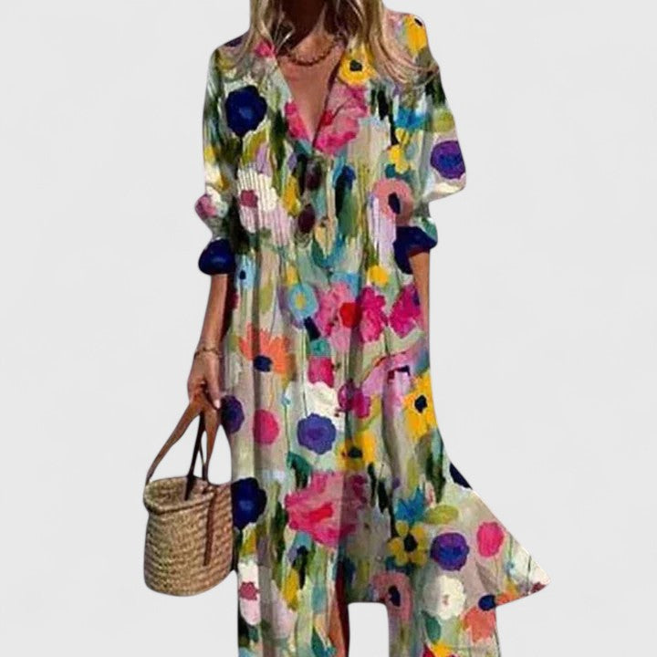 Women’s Printed Button-Front Midi Dress Relaxed Everyday Style
