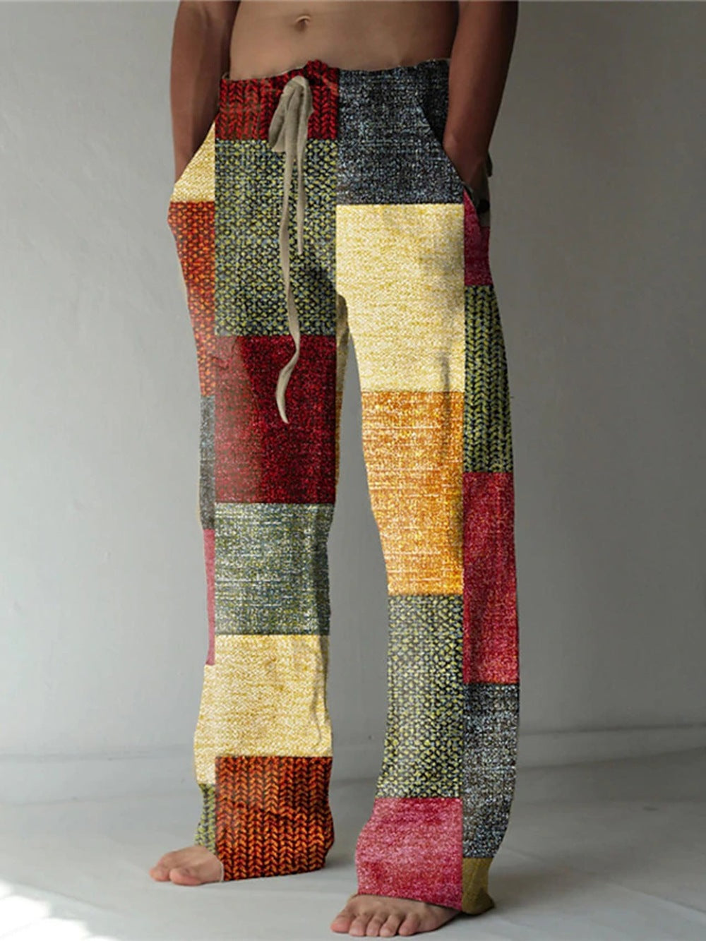 Men’s Patchwork Cotton-Linen Trousers – Relaxed Drawstring Pants for Casual Summer Wear