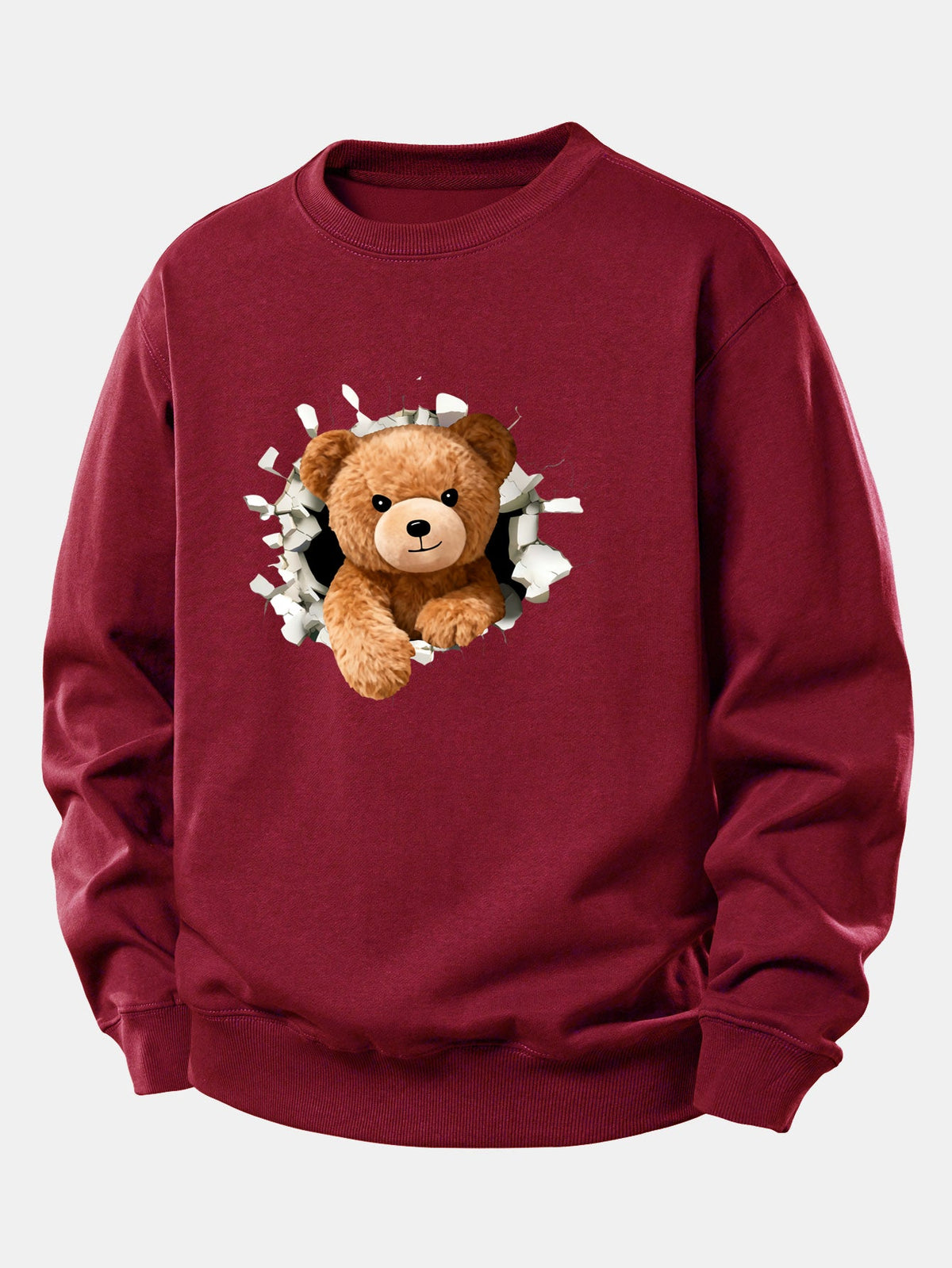 Sweatshirt til mænd med bamse, der bryder gennem en mur – afslappet pasform, bomuldsblanding, rund hals og legende grafik til afslappet streetwear
