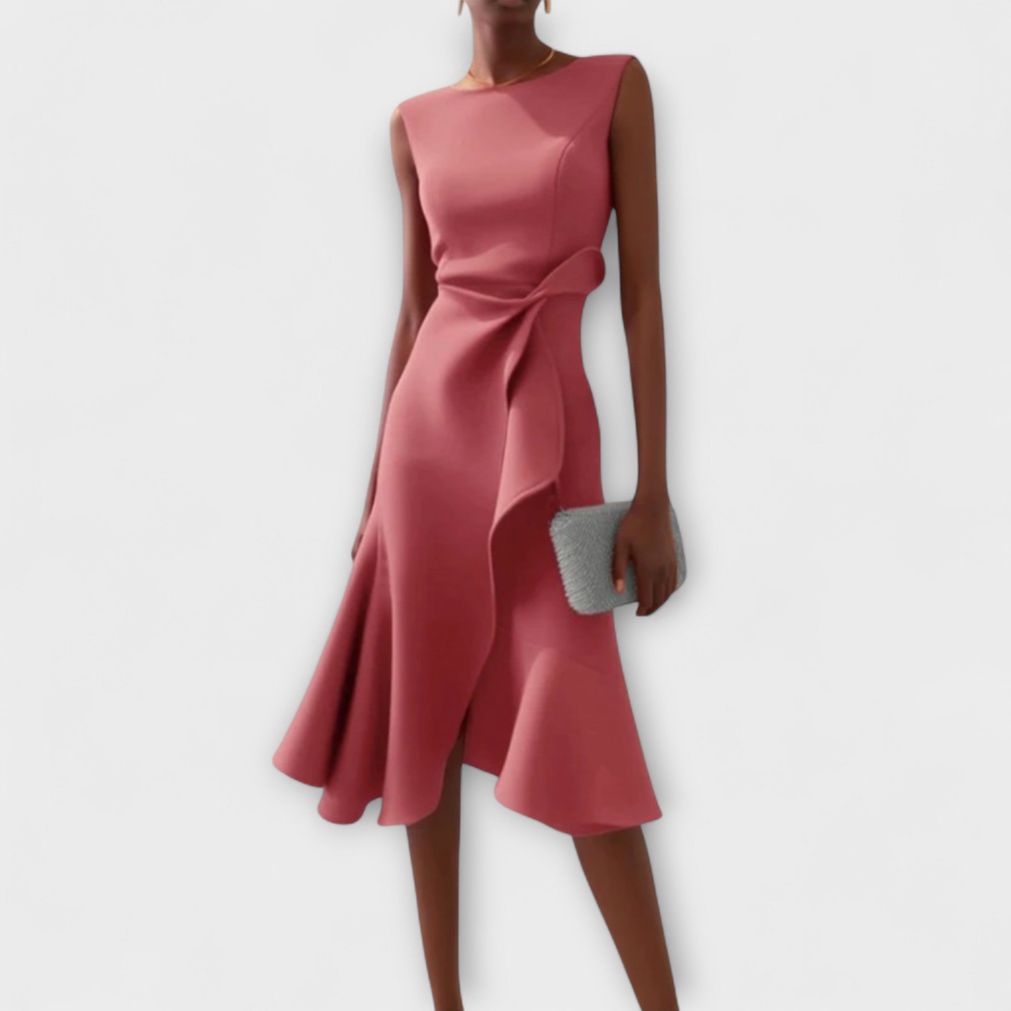 Abito midi senza maniche da donna, stile serale asimmetrico drappeggiato