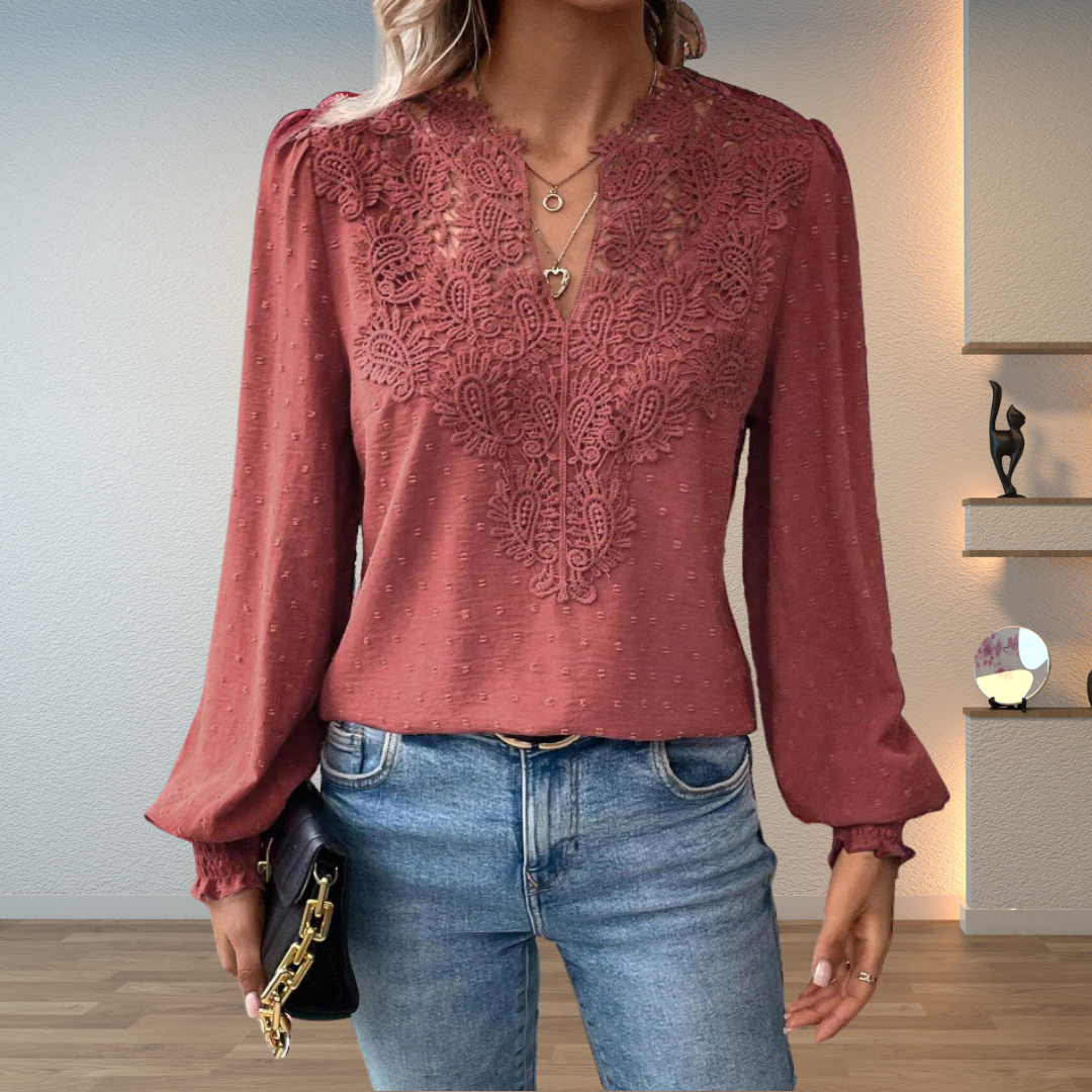 Women’s Embroidered V-Neck Blouse Gathered Sleeve Top