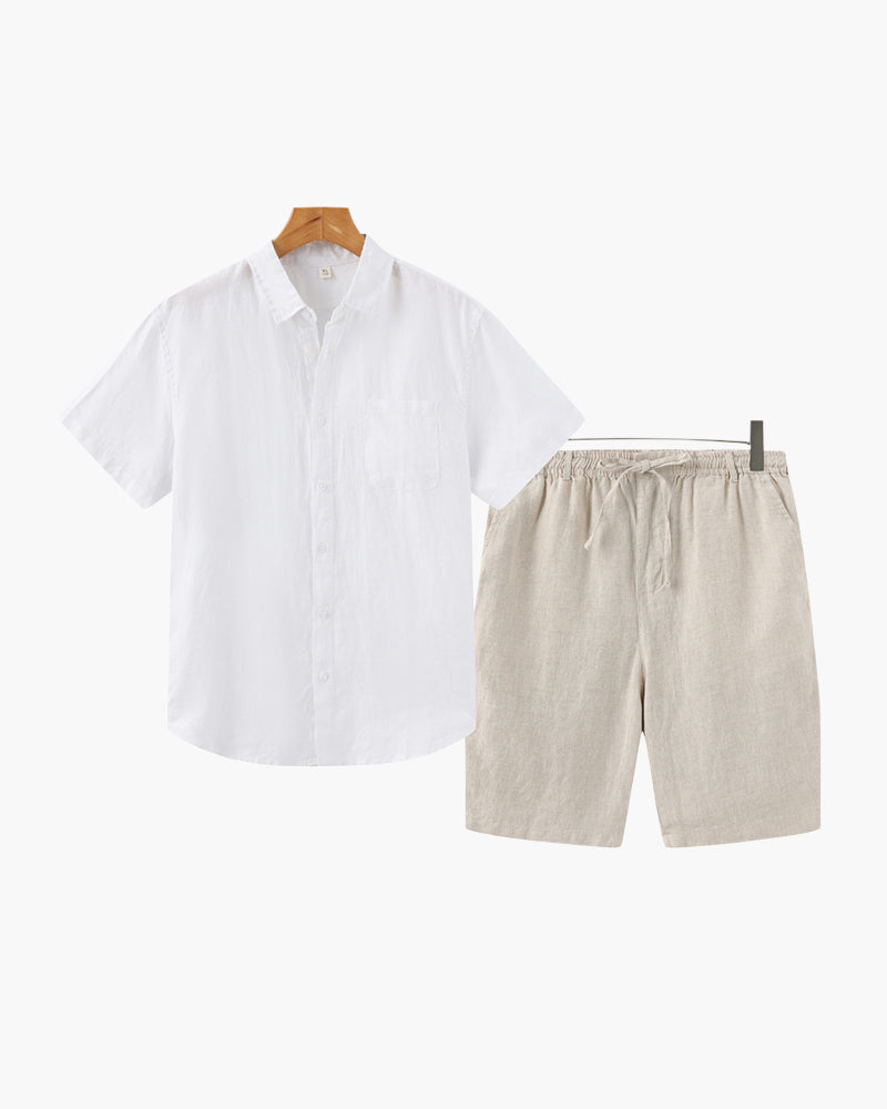 Set relaxat de vară pentru bărbați, cămașă și pantaloni scurți din in