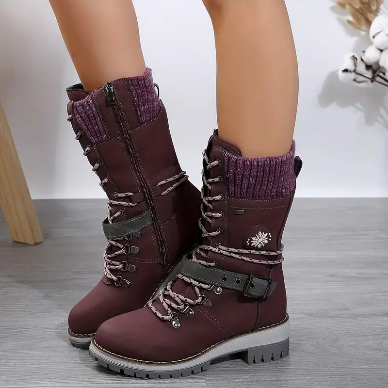 Bottes d’hiver à lacets mi-mollet pour femme - chaussures à fermeture zippée avec revers en tricot et semelle épaisse pour les voyages par temps froid, les promenades du week-end, un style urbain décontracté et un style quotidien hivernal