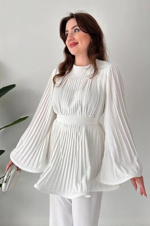 Ensemble pour femme composé d'un haut plissé à ceinture et d'un pantalon à jambes larges - Tenue élégante deux pièces à manches cloche fluides pour le travail et les occasions spéciales