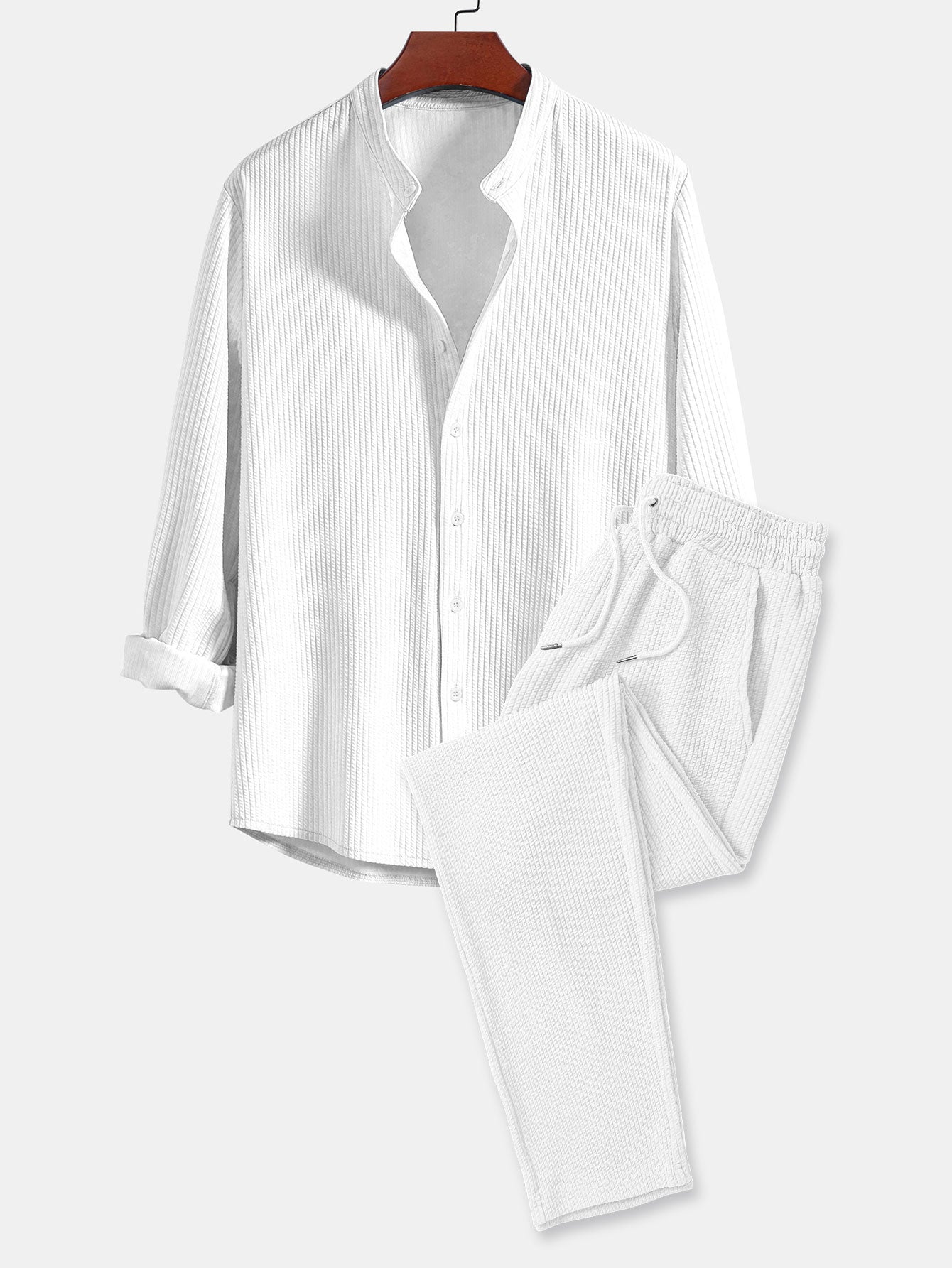 Men’s Ribbed Stand Collar Shirt and Straight-Leg Trousers – Stretch Smart Casual Co-Ord