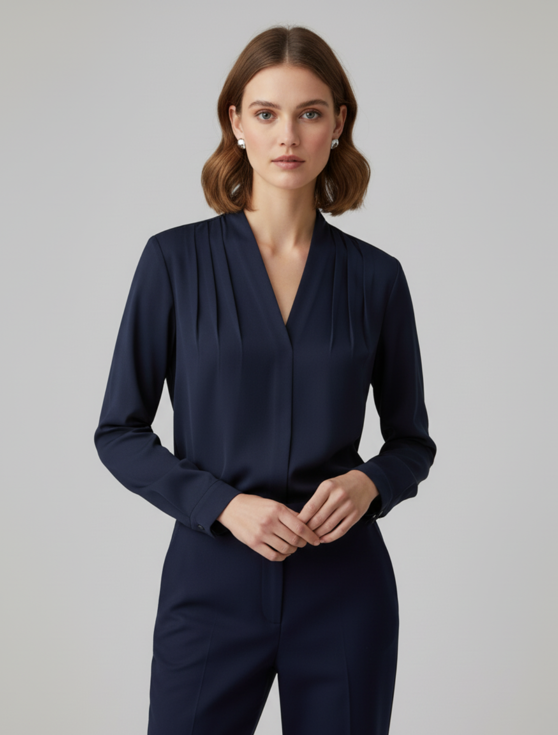 Women’s Pleated V-Neck Blouse – Long-Sleeve Top for Office and Everyday Wear