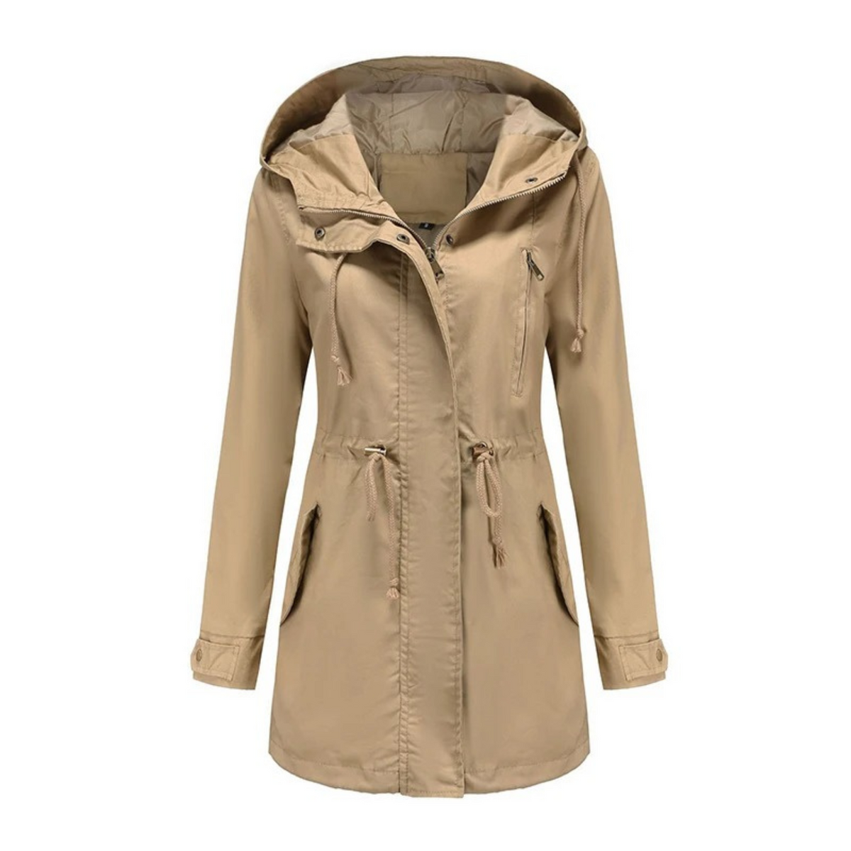 Women’s Hooded Drawstring Utility Parka – Mid-Length Zip-Front Jacket with Adjustable Waist and Practical Pockets