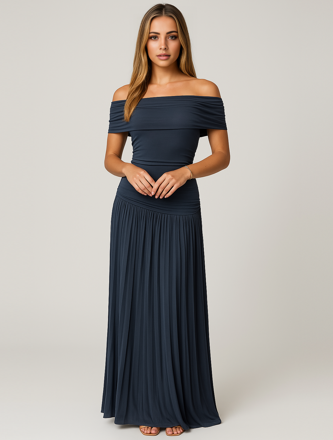 Maxi-jurk voor dames met blote schouders en plooien – elegante jurk voor bruiloftsgasten bij recepties