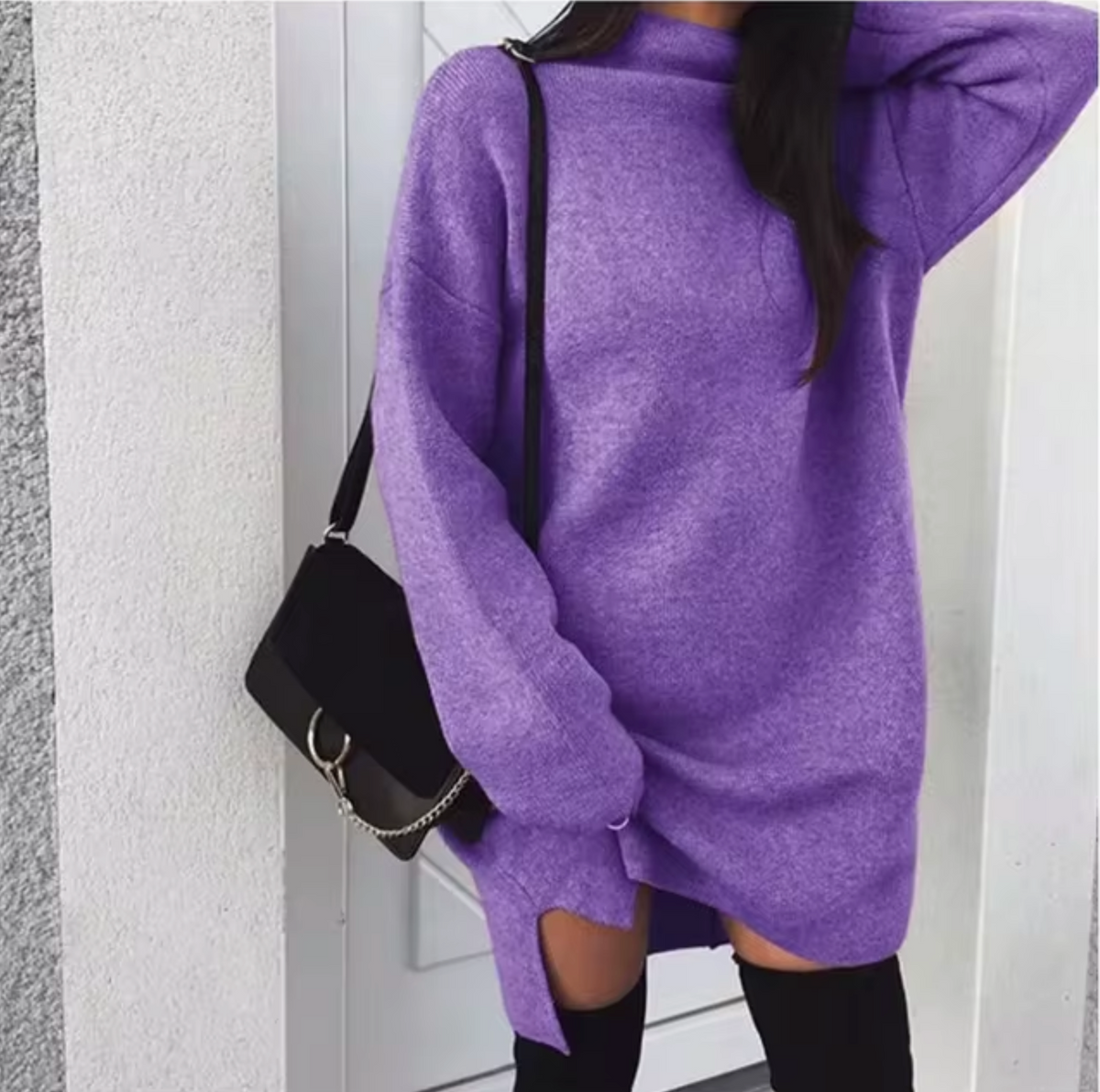 Robe-pull en laine et cachemire pour femme, avec col montant et fentes latérales – Style mini ample en maille pour une tenue douillette en automne et en hiver