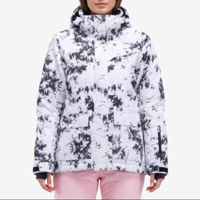 Casaco acolchoado com capuz para mulher e estampado abstrato, gola subida e fecho à frente – Agasalho de inverno quente e acolchoado para o dia a dia casual
