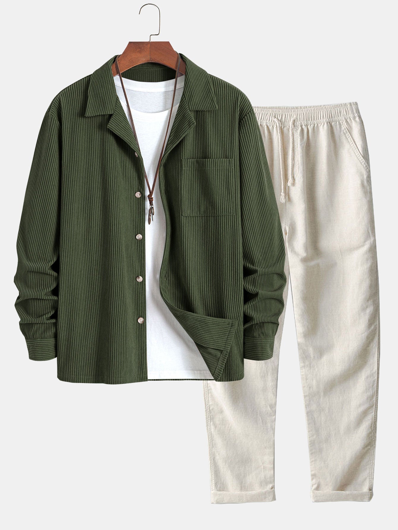 Men’s Corduroy Cuban Collar Shirt and Linen Blend Trousers – Relaxed Transitional Outfit