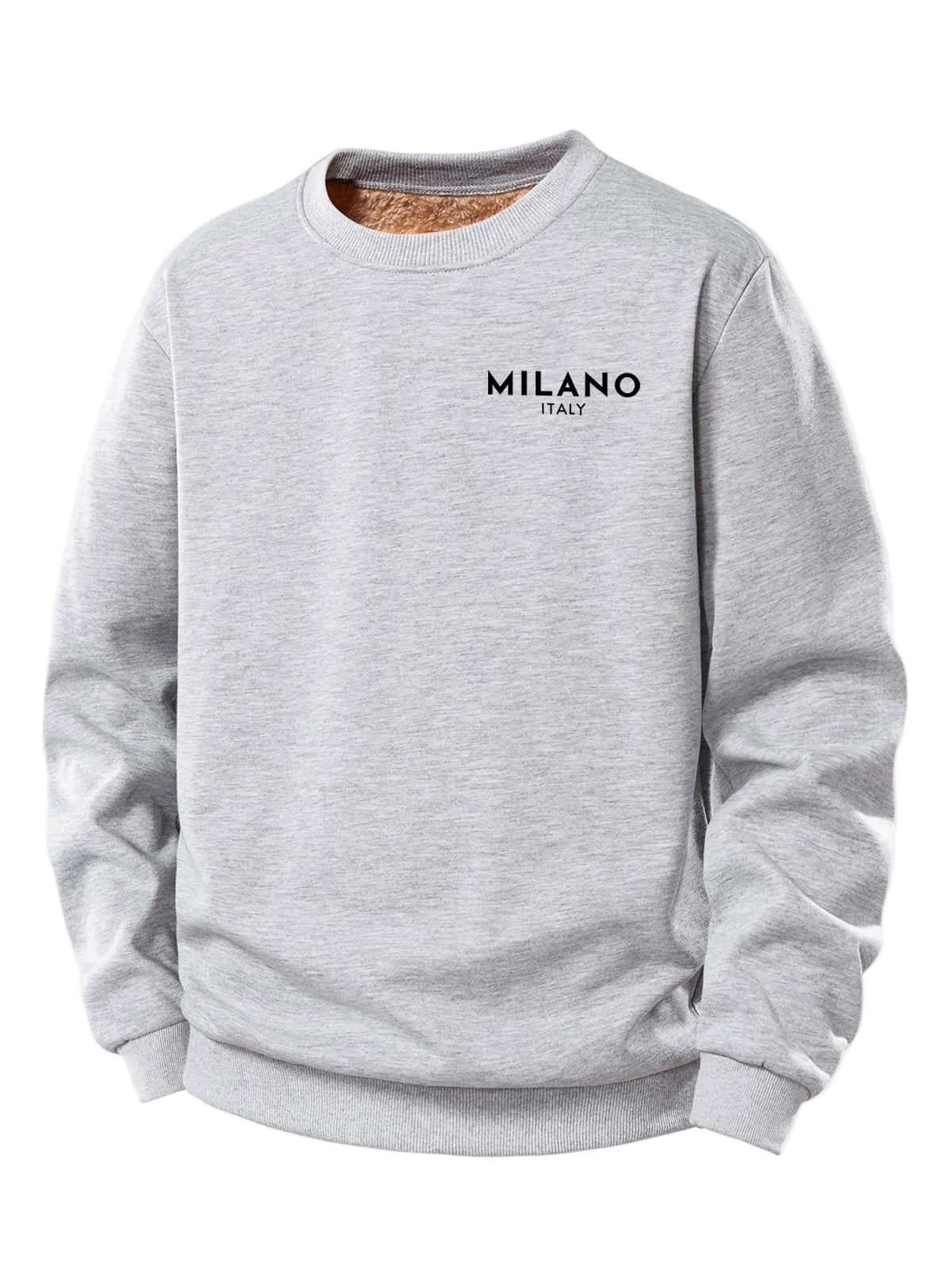 Męska bluza z nadrukiem Milano i podszewką z pluszu teddy – regularny krój, okrągły dekolt, ciepły casualowy pulower na jesień i zimę