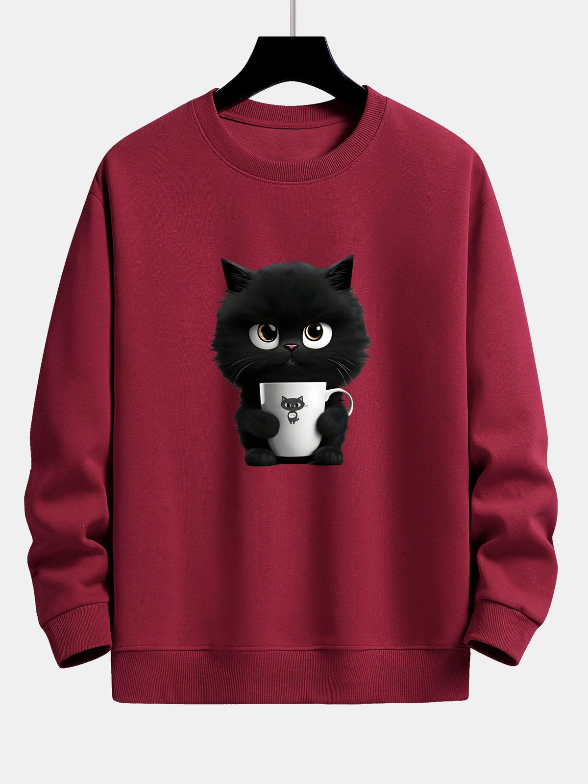 Niedliches Sweatshirt für Herren mit einer Katze, die Kaffee hält – Locker geschnittener Pullover aus Baumwollmischgewebe mit verspielter Kätzchen-Illustration und Rippbündchen