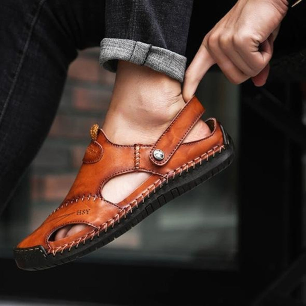 Men’s Leather Sandals Cut-Out Design Adjustable Strap Summer Shoes
