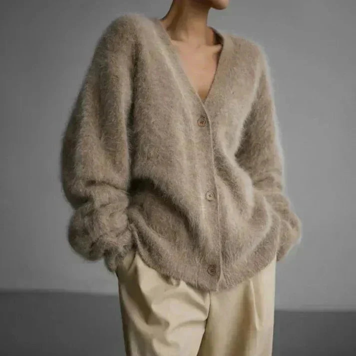 Cárdigan mullido de cuello en V para mujer – Tejido suave de corte relajado con botones para otoño e invierno