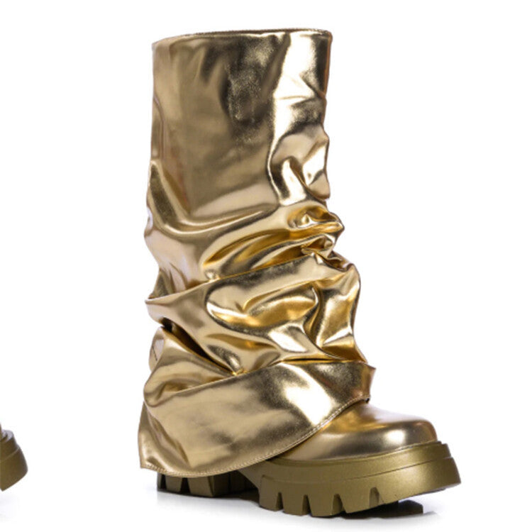 Women’s Metallic Slouch Mid-Calf Boots – Chunky Lug-Sole Statement Boots for City and Festival Wear