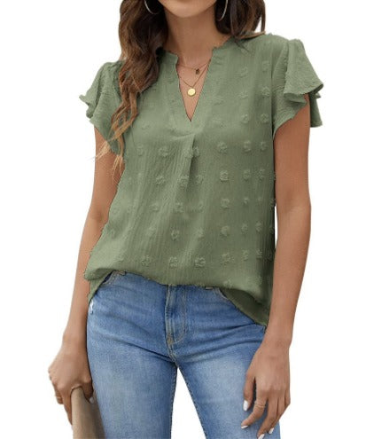 Women’s Ruffle Sleeve Blouse – Textured Notch Neck Top for Everyday Wear