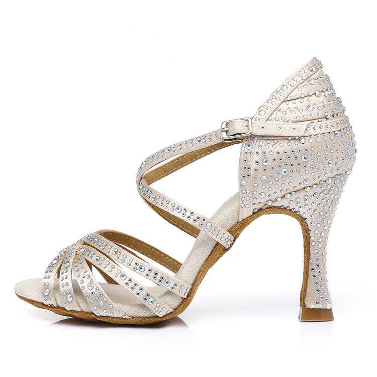 Women’s Rhinestone Latin Dance Sandals – Strappy Mid-Heel Ballroom Shoes for Salsa Performance and Evening Events
