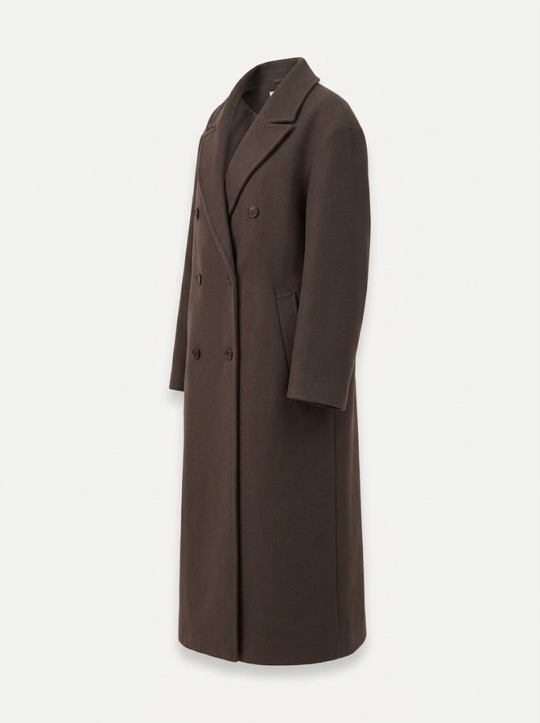 Dámský oversized dlouhý dvouřadý kabát - volnější plášť s klopami a zadním rozparkem do práce i do města
