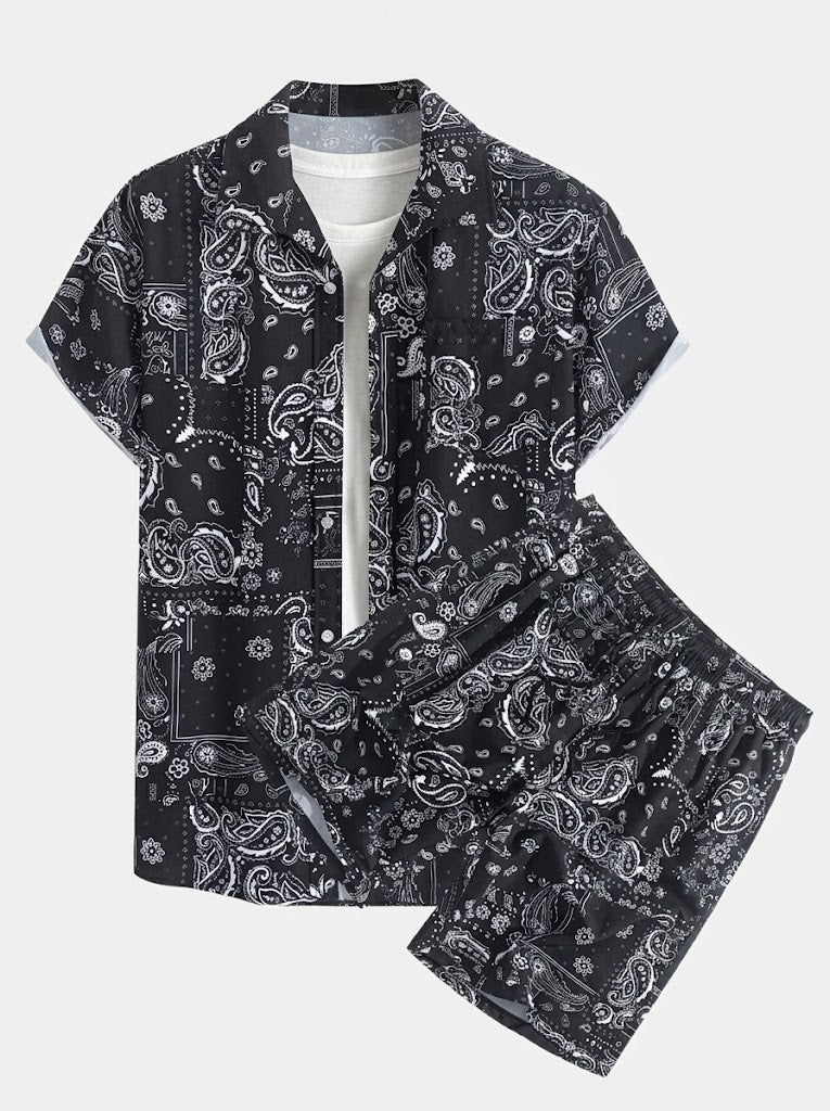 Men’s Printed Resort Shirt and Swim Shorts Set – Stretch Summer Beachwear