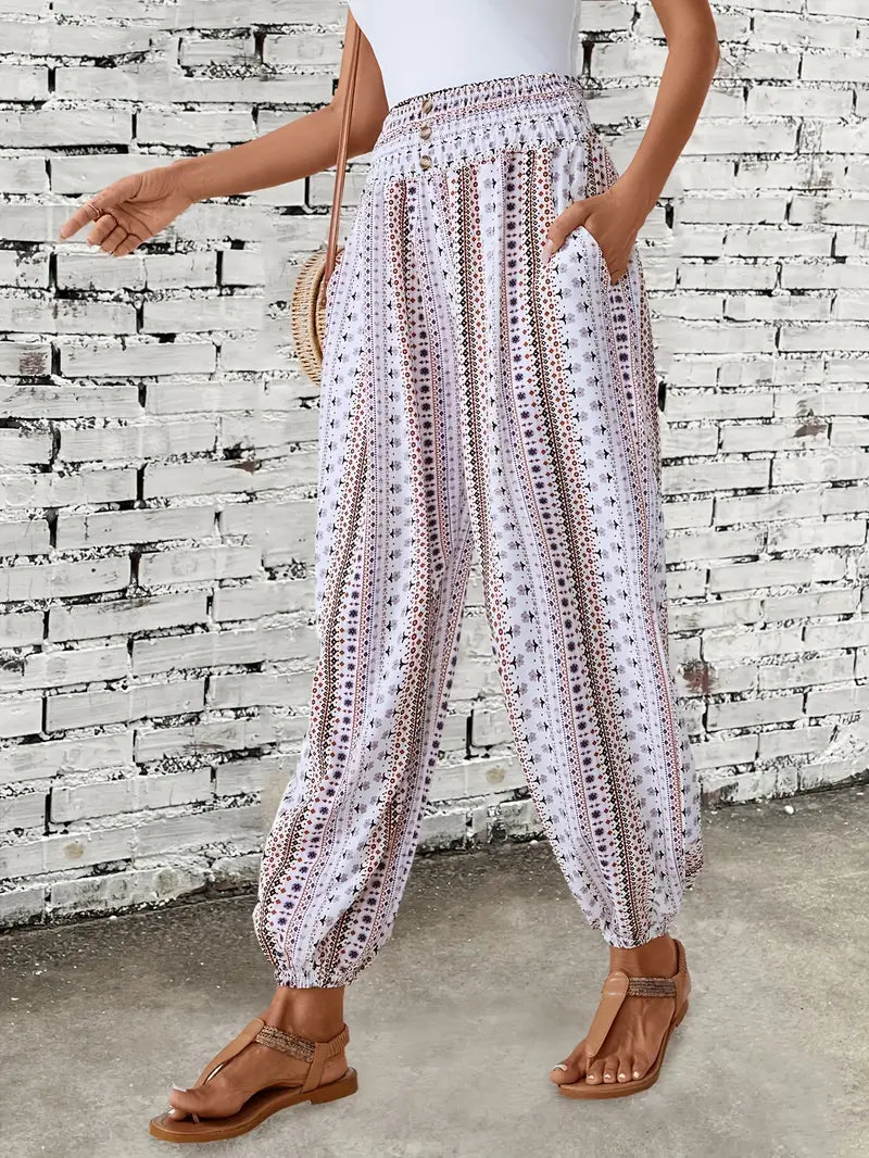 Pantalones anchos de pierna con estampado bohemio para mujer, cintura elástica, pantalones ligeros de verano