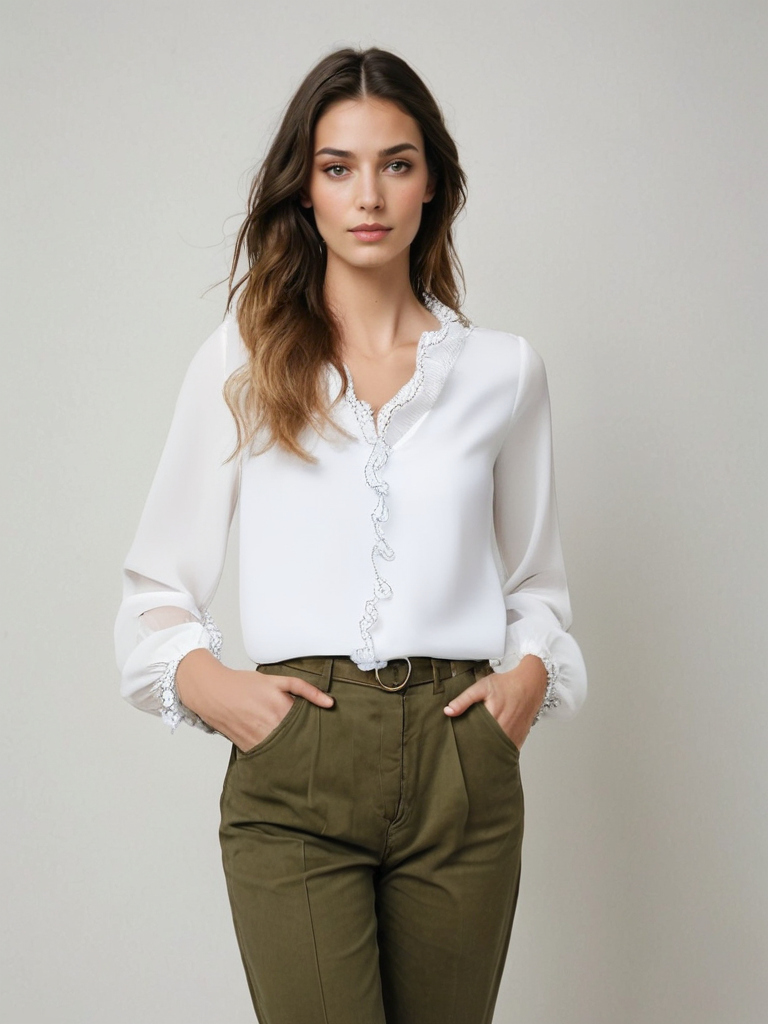 Women’s Ruffle-Trim Chiffon Blouse – Sheer-Sleeve Top for Office and Evening Wear