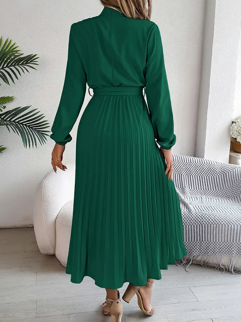 Women’s Pleated Midi Dress with High Neck Tie Waist
