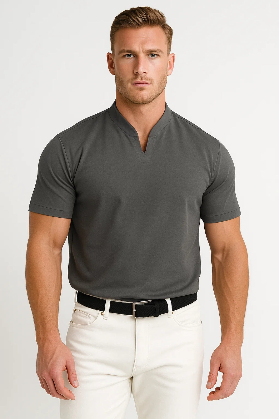 Camicia casual da uomo con collo diviso, maniche corte e taglio sartoriale