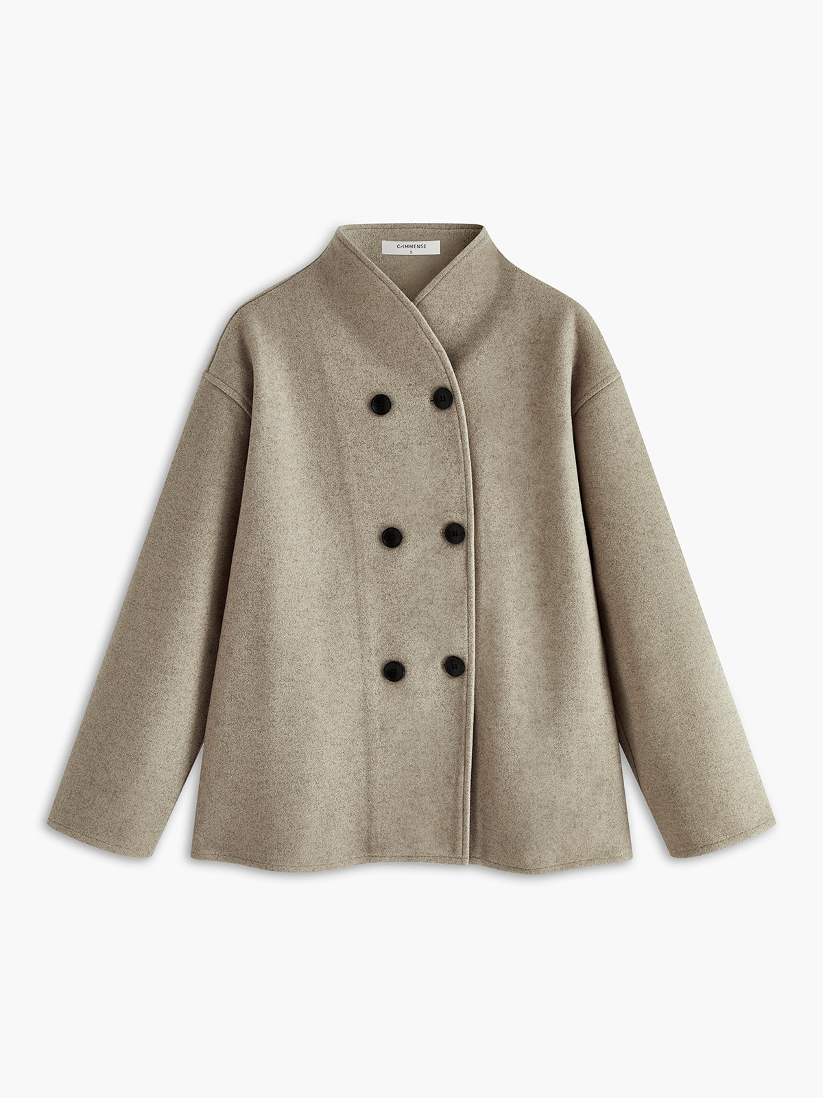 Damski oversize’owy krótki płaszcz dwurzędowy z wysoką stójką – swobodna dopasowana kurtka do eleganckich stylizacji biurowych i stylizacji smart casual na jesień i zimę