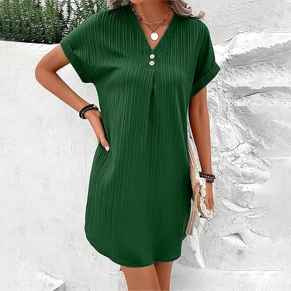 Women’s Elegant Summer Dress V-Neck Button Detail – Lightweight Breathable Comfortable Stylish Holiday Everyday Fit