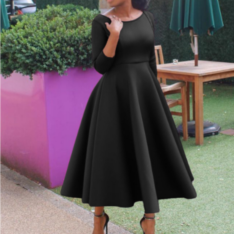 Women’s A-Line Midi Dress – Three-Quarter Sleeve Dress for Events and Everyday Wear