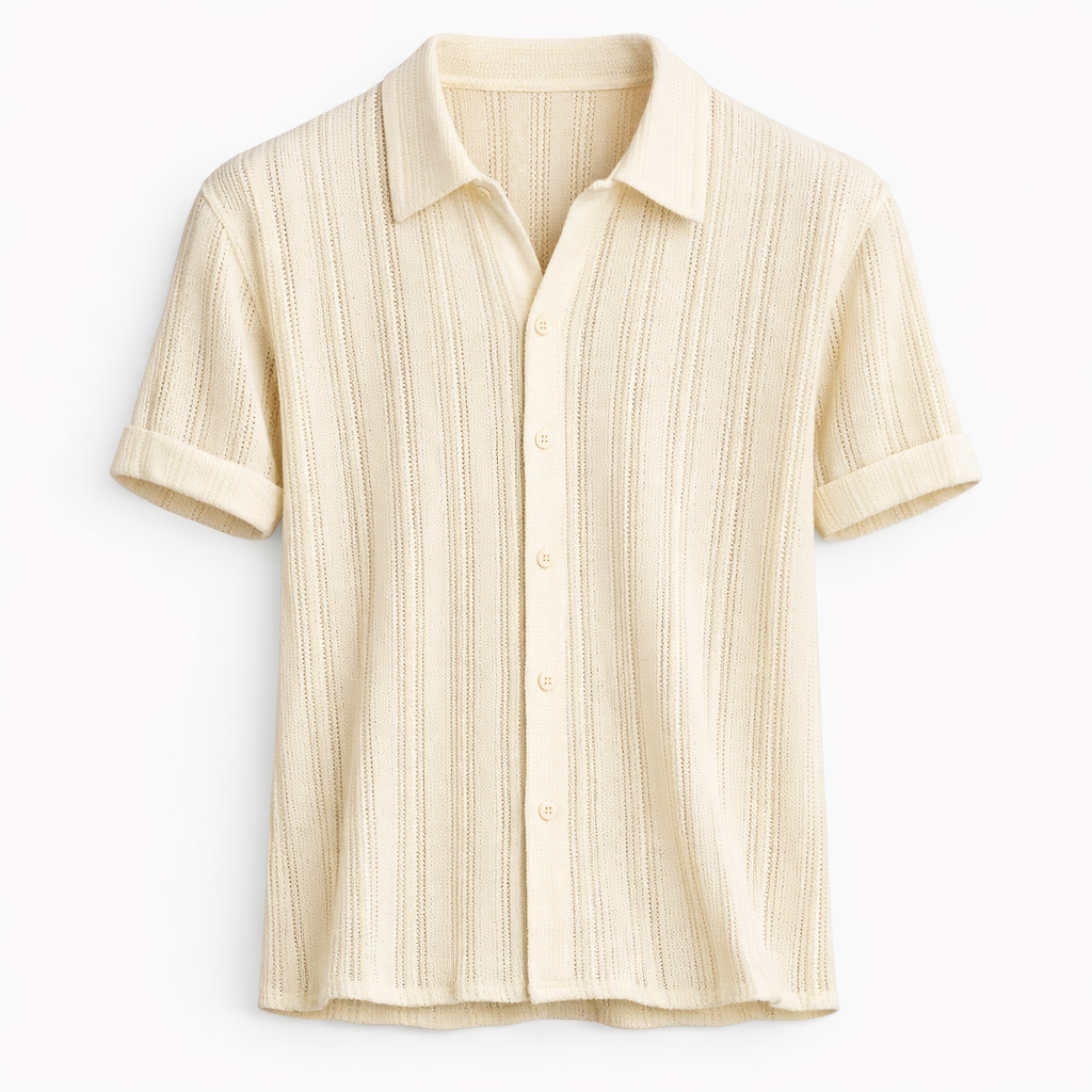 Herre strikket polo med teksturerede lodrette striber sommerbluse