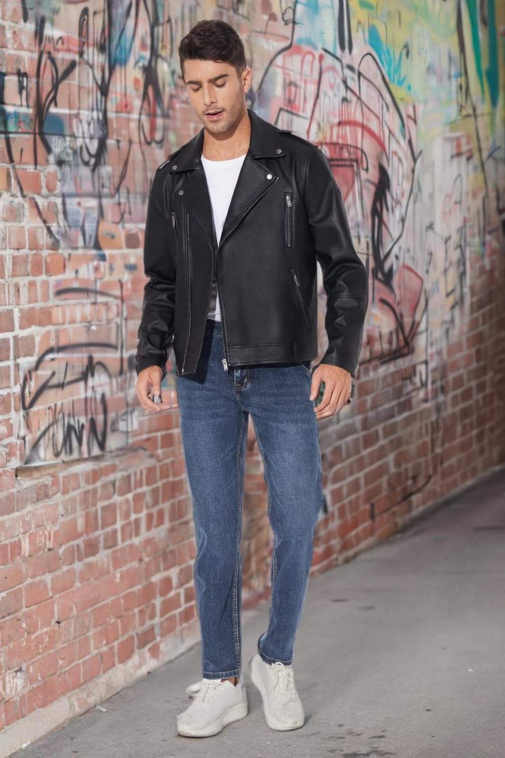 Men’s Asymmetric Faux-Leather Biker Jacket – Classic Lapel Zip-Up Motorcycle Layer with Multi-Zip Pockets and Shoulder Epaulettes for Autumn Streetwear Weekend Travel Evening Outings and Everyday City Styling