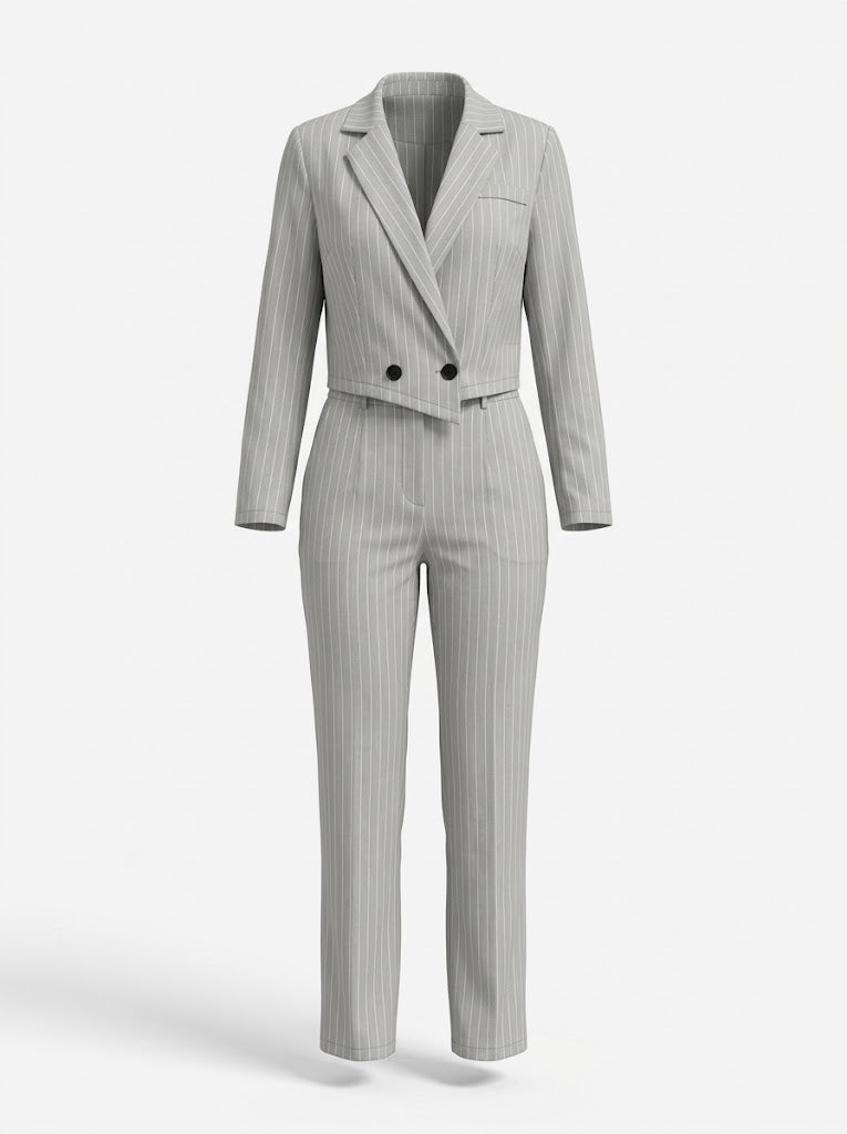 Women’s Pinstripe Trouser Co-Ord Set – Cropped Blazer with Wide-Leg Trousers for Work and Smart Casual Wear