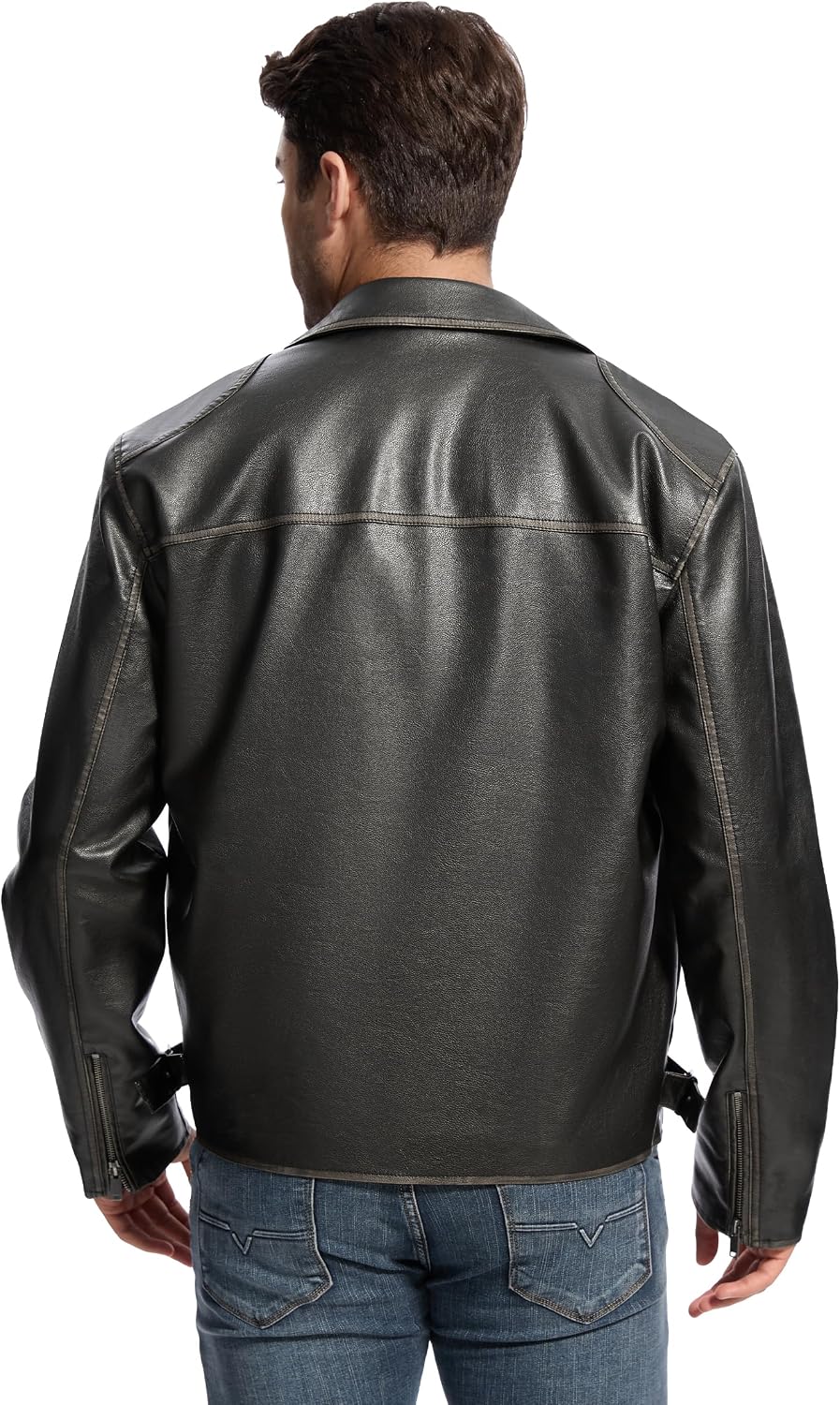 Men’s Vintage-Inspired Faux-Leather Collared Jacket – Lightweight Zip-Front Short Layer with Side Adjustment Tabs and Practical Pockets for Autumn Travel Weekend Smart Casual and Everyday City Wear