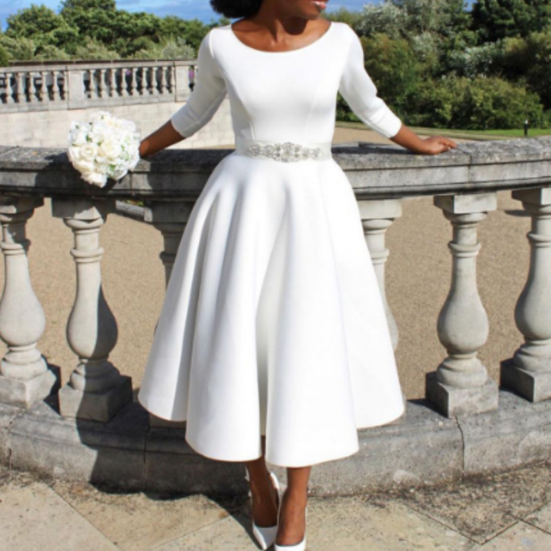 Women’s A-Line Midi Dress – Three-Quarter Sleeve Dress for Events and Everyday Wear